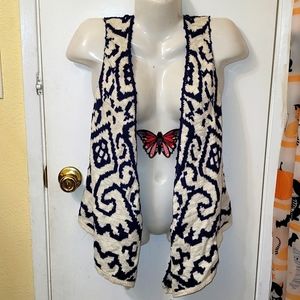 Moth Anthropologie open front cardigan pom poms geometric blue white